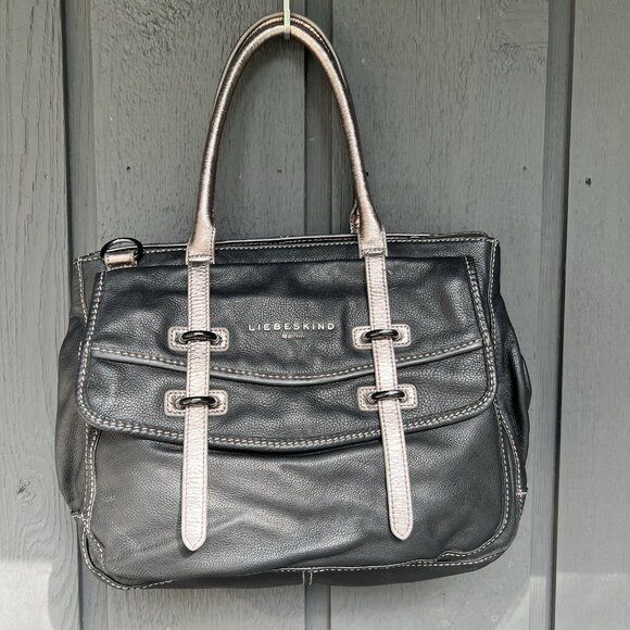 Liebeskind Berlin Leather Shoulder Bag Satchel Black Metallic Slouchy Soft Purse - Picture 1 of 16